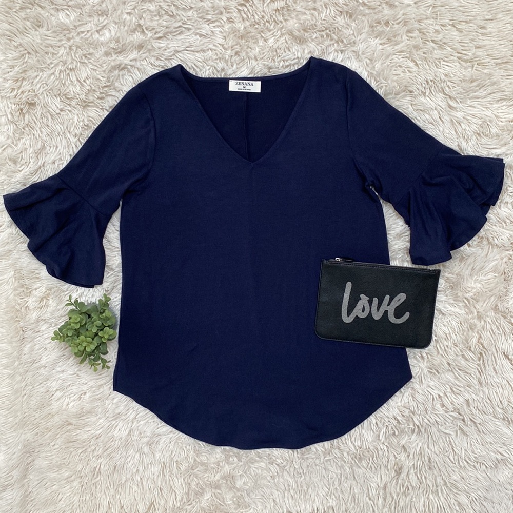 Zenana V-Neck Flutter Sleeve Top 💗 Navy - Picture 2 of 11